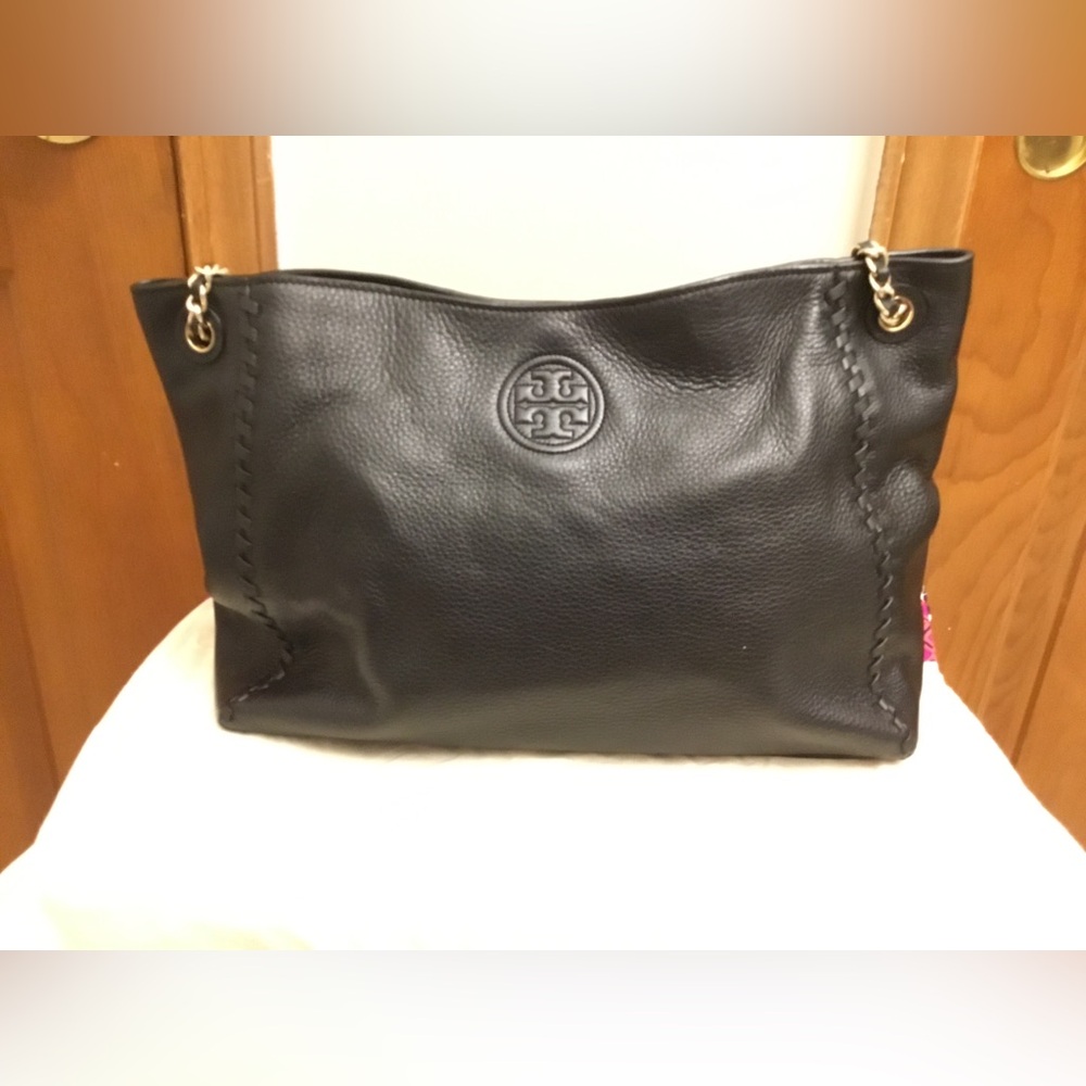 Tory Burch Black Leather Shoulder Bag with Gold Accents